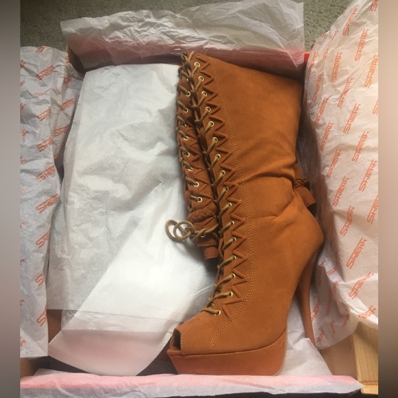 Sexy faux suede rust/tan over-the-knee peep toe boot - Picture 5 of 17